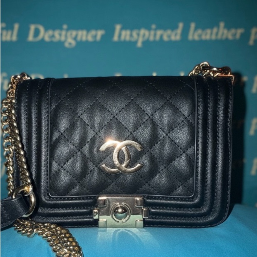 Designer Indpired Black Quilted Leather Shoulder Bag